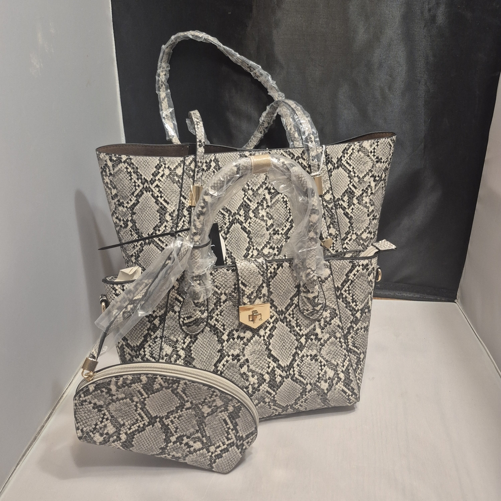 Elegant Snake Print Tote and Pouch 3pc Set